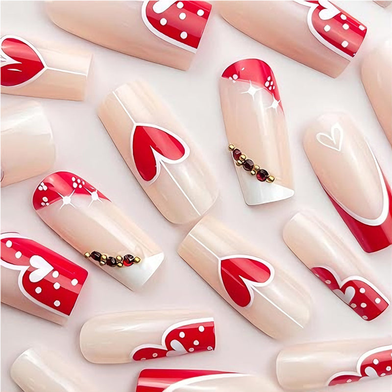 24 PCS Red & White Heart Press-On Nails | Long Square Fake Nail Tips
