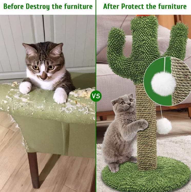 Cactus Cat Tree with Sisal Scratching Post | Solid Wood Base, Elevated Perch & Hanging Toy for Indoor Cats