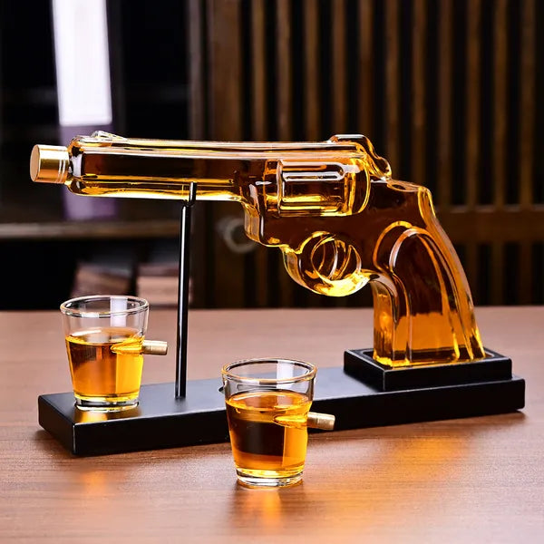 Whiskey Decanter Set - Gun Shaped 10oz Decanter with 2 Bullet Glasses for Men