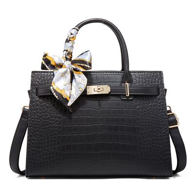 Crocodile-Embossed Leather Top Handle Handbag – Structured Medium Satchel