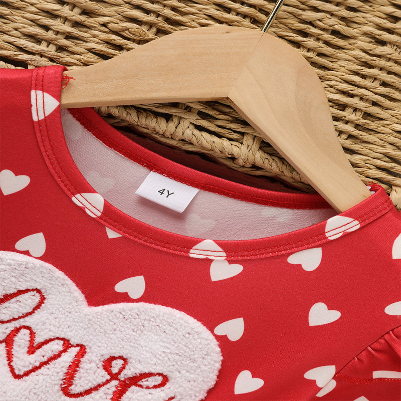 Toddler Girl's LOVE Embroidered Valentine Dress | Heart Print Long Sleeve A-Line with Ruffle Hem