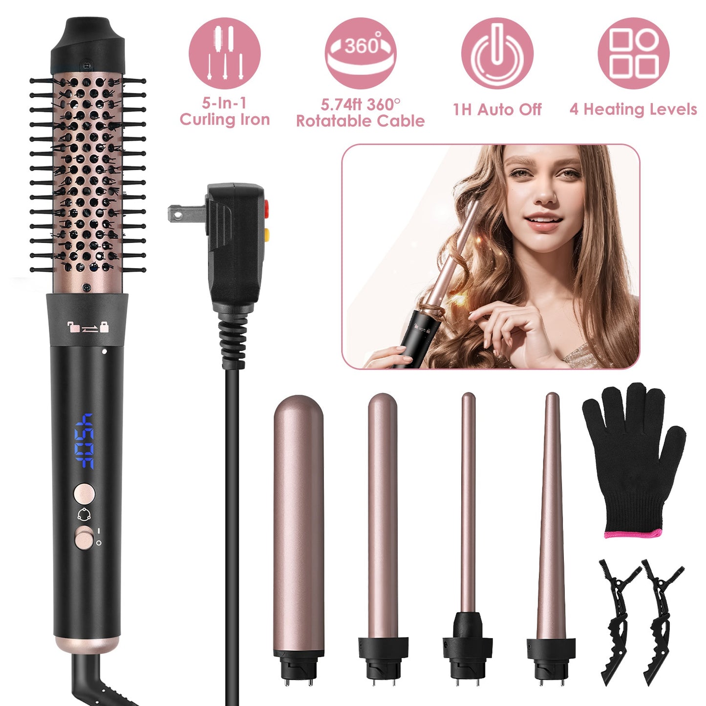 5-in-1 Professional Curling Wand Set – 4 Interchangeable Ceramic Barrels, LCD Display & Auto Shut-Off