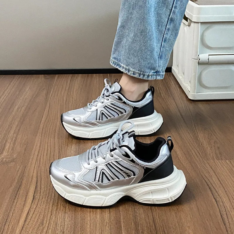 Women's Lace-Up Platform Athletic Shoes | Breathable Mesh & PU Leather Sneakers