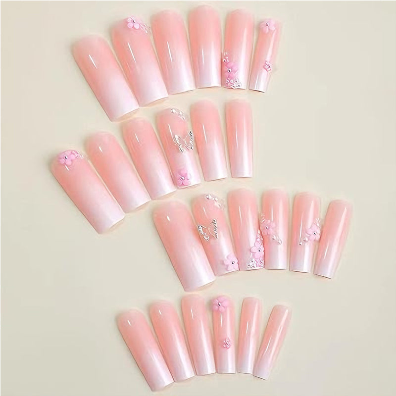 Press-On Nails | 24-Piece Butterfly Floral Diamond Set | Long Square