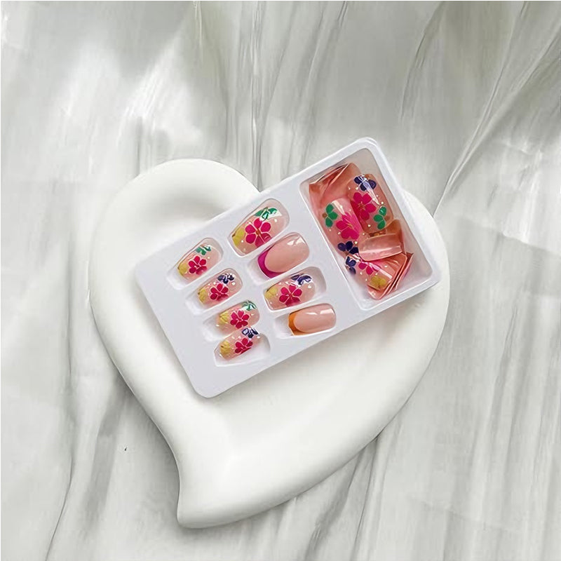 Press On Nails Short Square – French Flower Design, 24-Piece Set with Glue