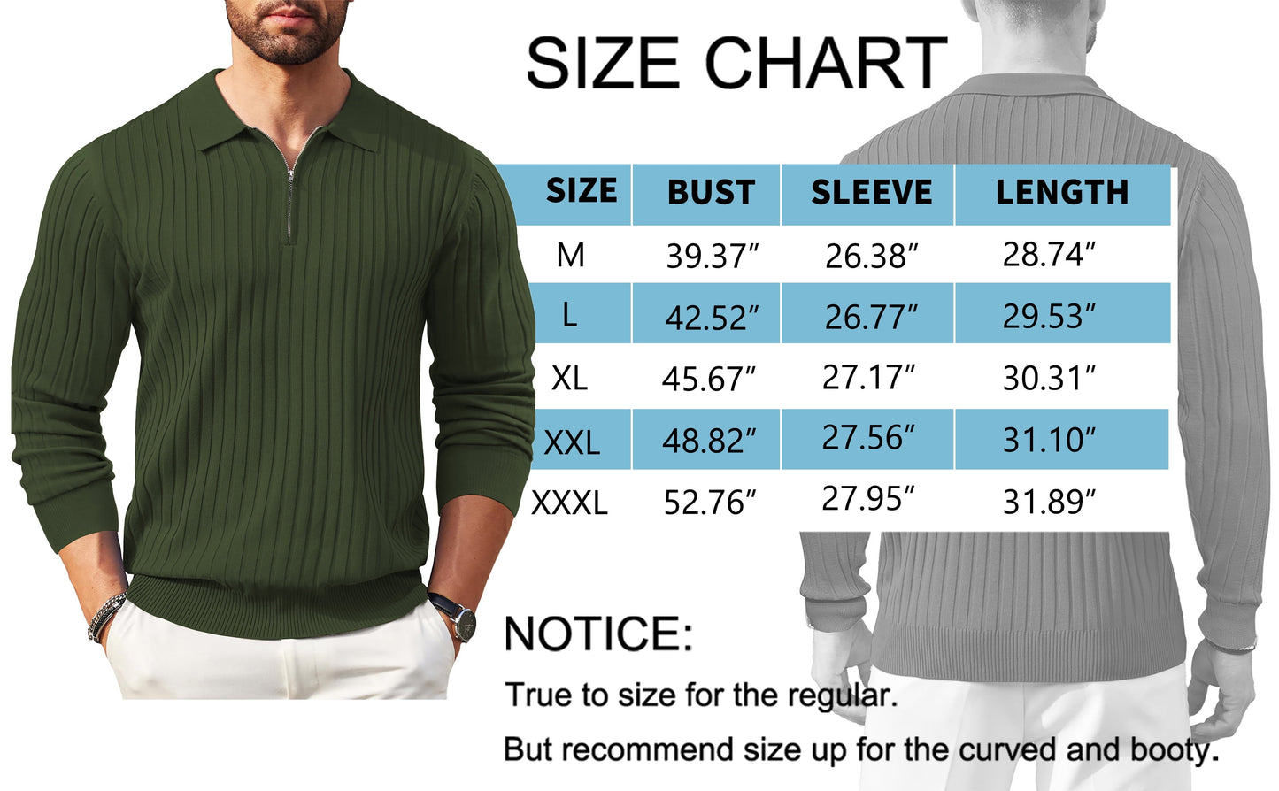 GENTS BLISS Polo Shirts for Men Casual Long Sleeve Mens Shirts Zipper Ribbed Knit Shirt