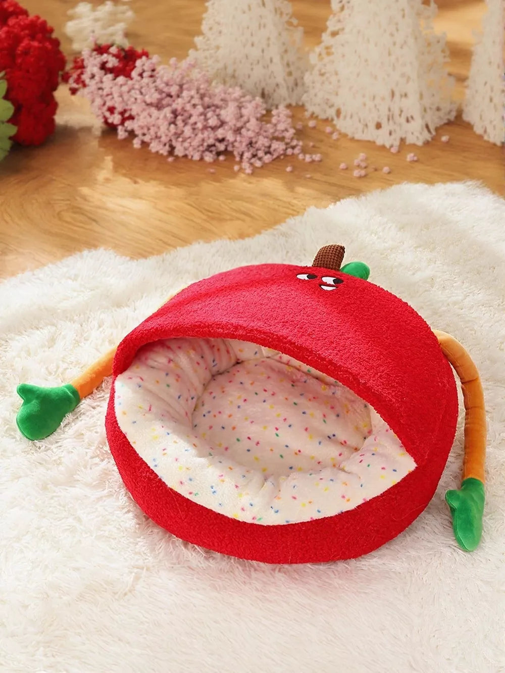 Apple Shape Pet Nest – Plush Cat & Small Dog Bed with Cozy Wraparound Arms