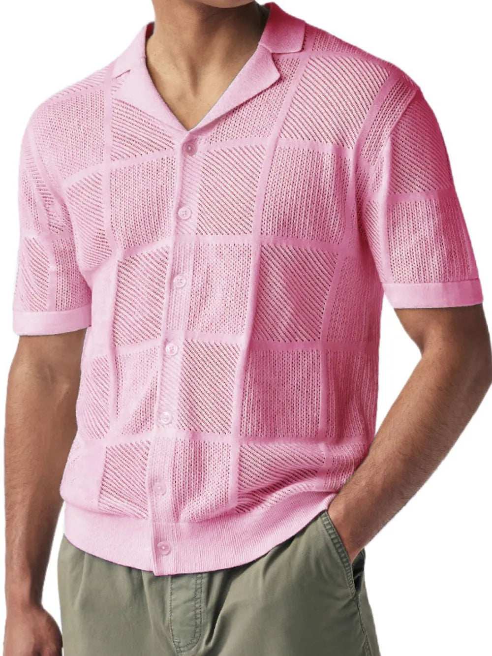 Men's Checkered Eyelet Button-Down Shirt – Textured Unique Detail