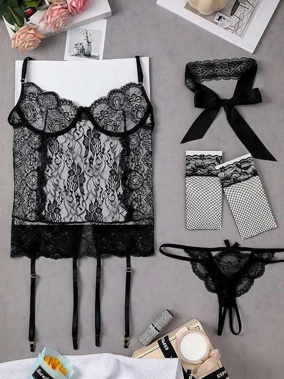4-Piece Lace Babydoll Lingerie Set – Sheer Bodysuit, Thong, Stockings & Eye Mask