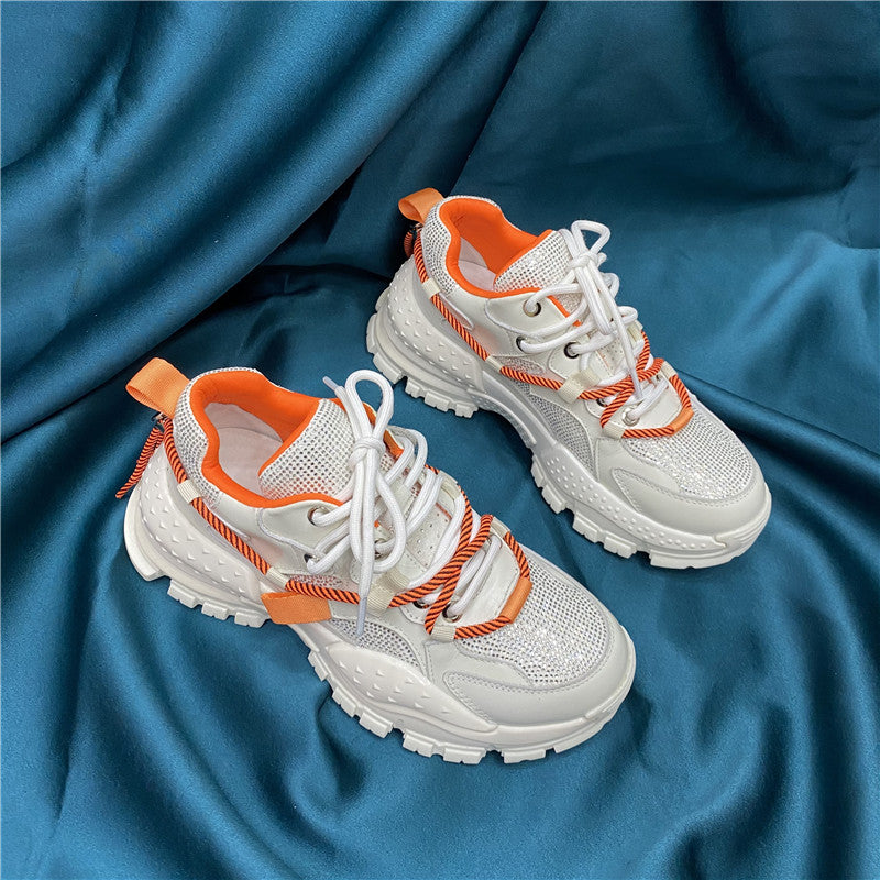 Women's Rhinestone Platform Dad Sneakers | Leather Cross-Strap Chunky Shoes – 2 Colors