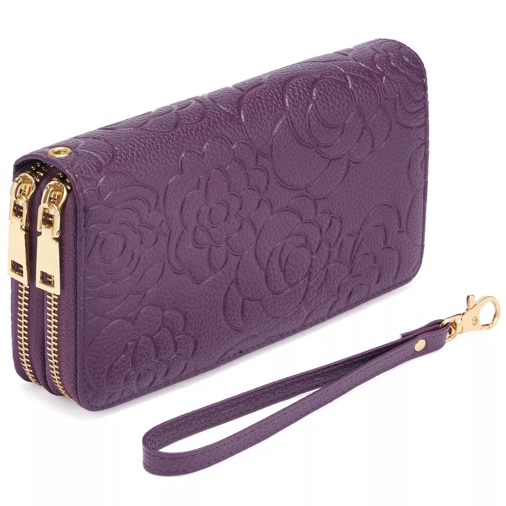 Embossed Floral Double Zipper Wallet – PU Leather Mini Purse