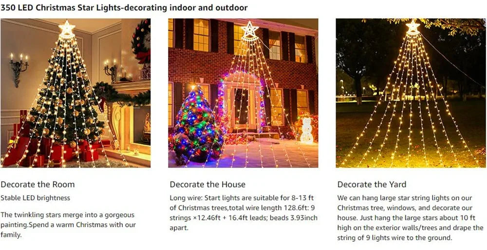 350 LED Star Waterfall Christmas Lights | 8 Modes | IP44 Waterproof | 112FT Outdoor String Lights
