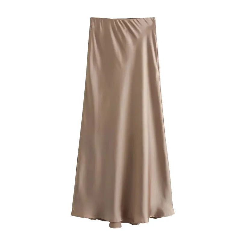 MUJER Women's High Waist Satin Midi Skirt – Elegant Office Bud Skirt