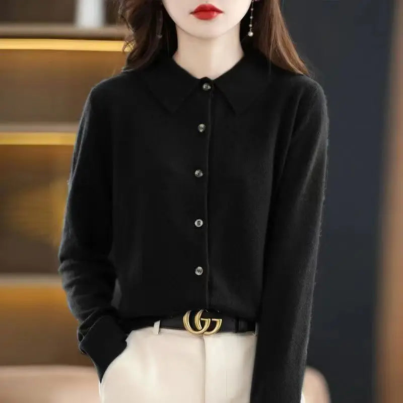Women's Polo Collar Knitted Cardigan – Elegant Single Breasted Wool Blend Sweater