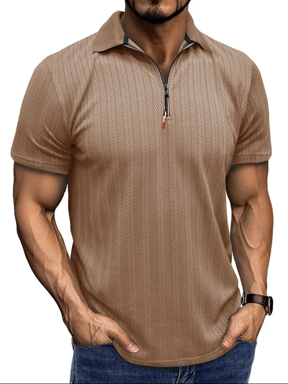 Men's Textured Quarter-Zip Polo Shirt – Stretch Polyester Performance Top