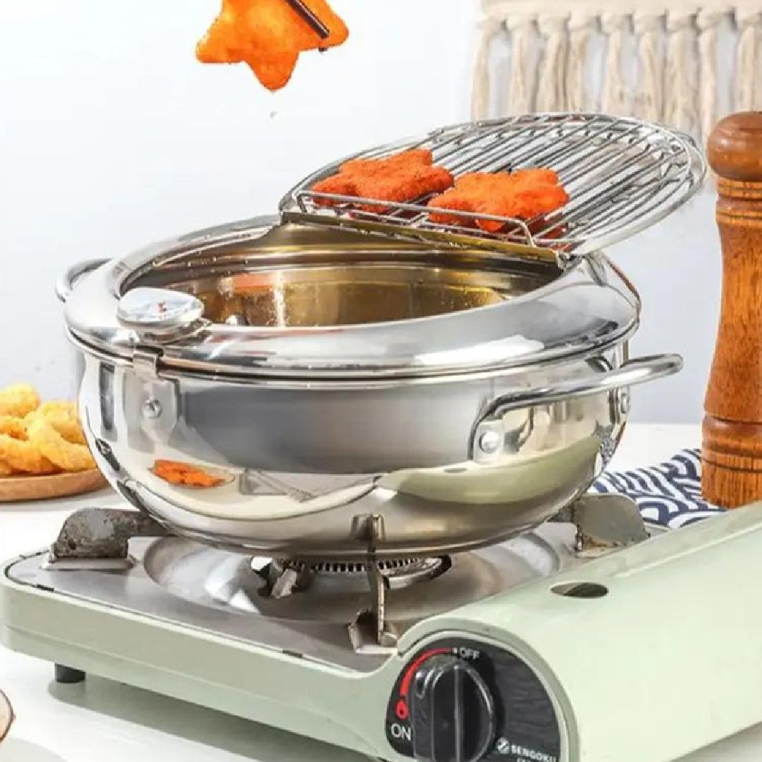 Japanese Tempura Deep Fryer Pot with Thermometer | Stainless Steel Frying Pot with Lid | Gas, Electric & Induction