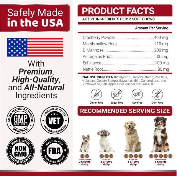 Dog Cranberry Supplement for Urinary Tract Health - 170 Chicken Flavor Chews with D-Mannose