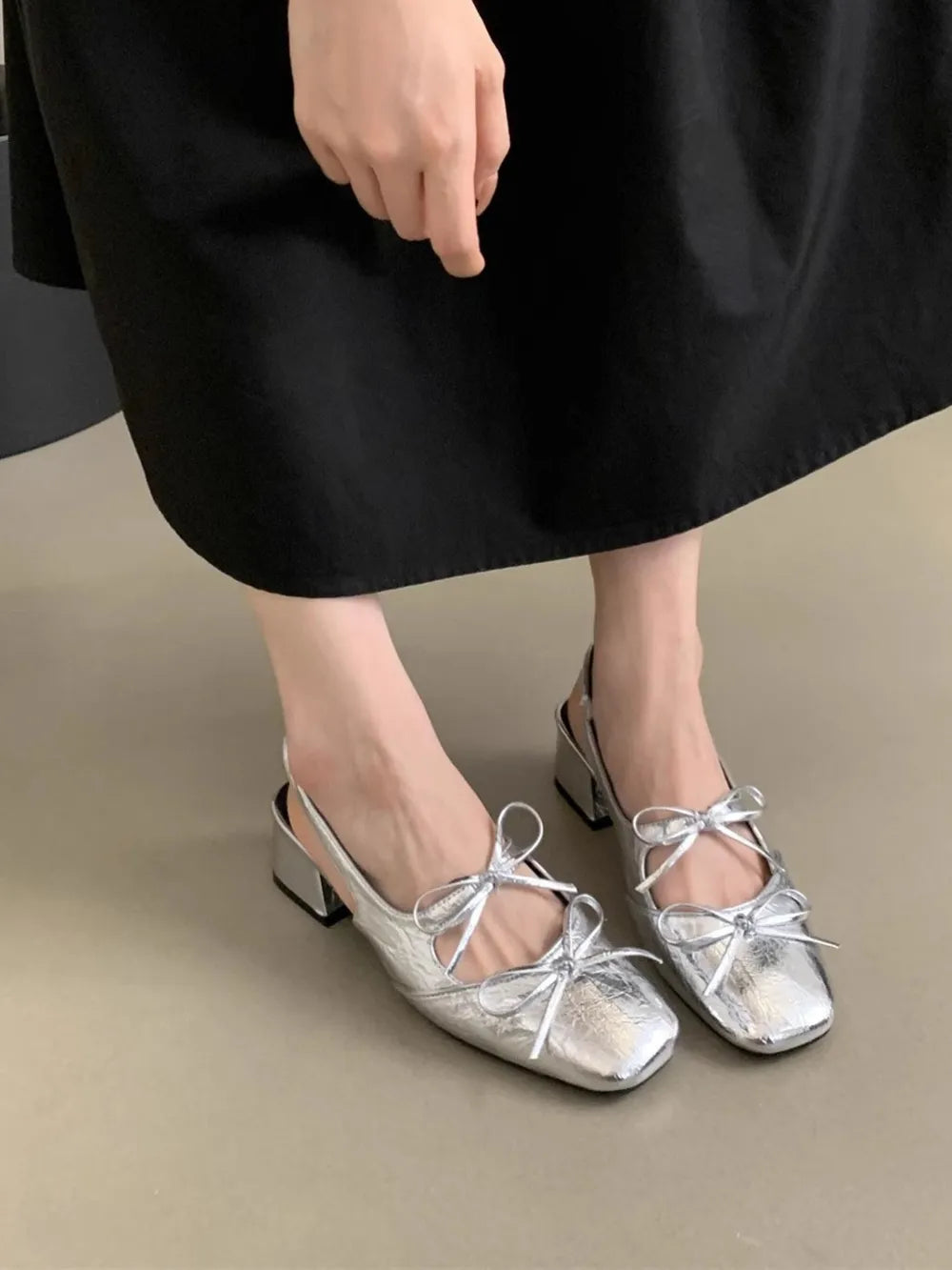 Women's Square Toe Bow-Tie Slingback Ballet Flats | Low Heel PU Leather Shoes