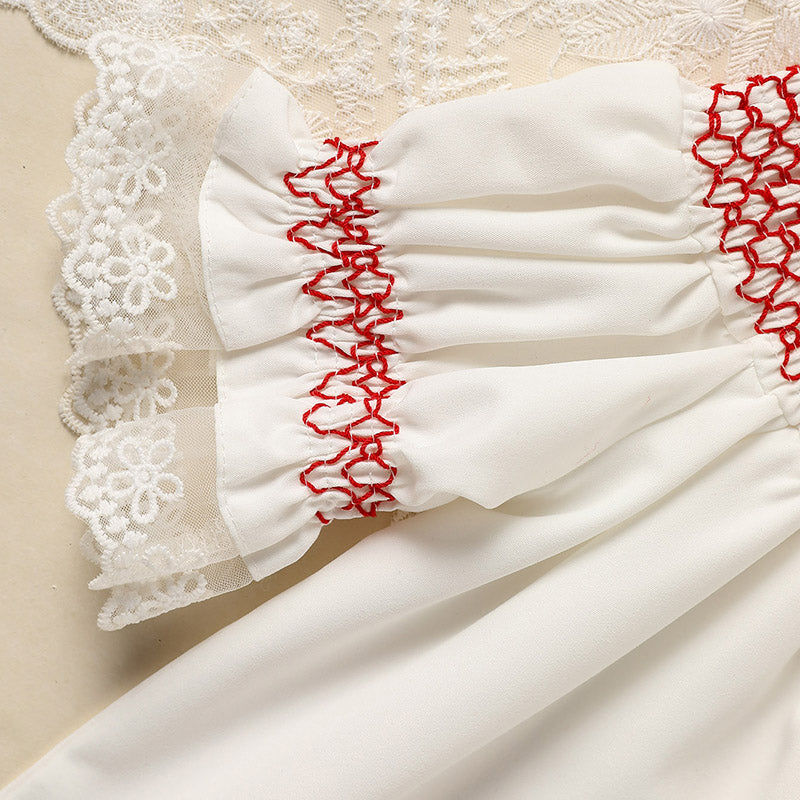 Baby Girl Valentine's Day Dress | White Lace & Red Heart Embroidery