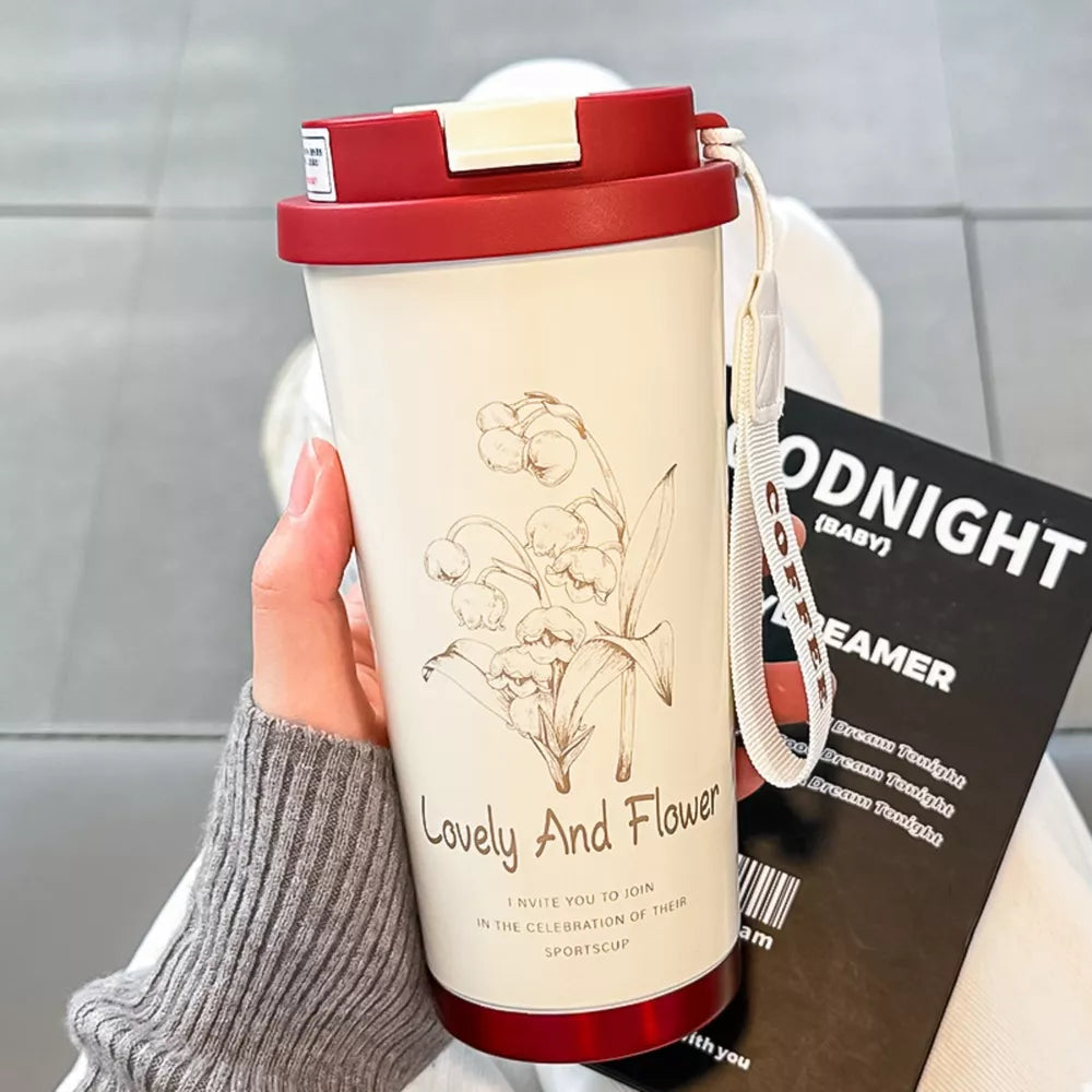 Flower Aesthetic Tumbler with Straw | 500ml Stainless Steel Insulated Cup | Gift for Her