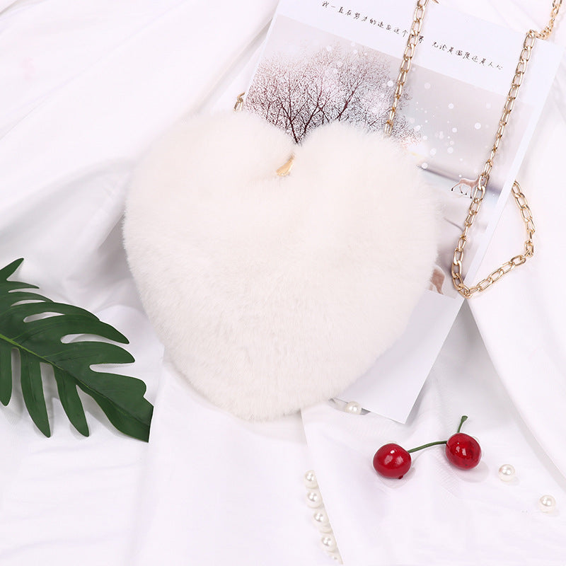 Heart-Shaped Plush Crossbody Bag – Valentine's Day Chain Shoulder Purse for Women