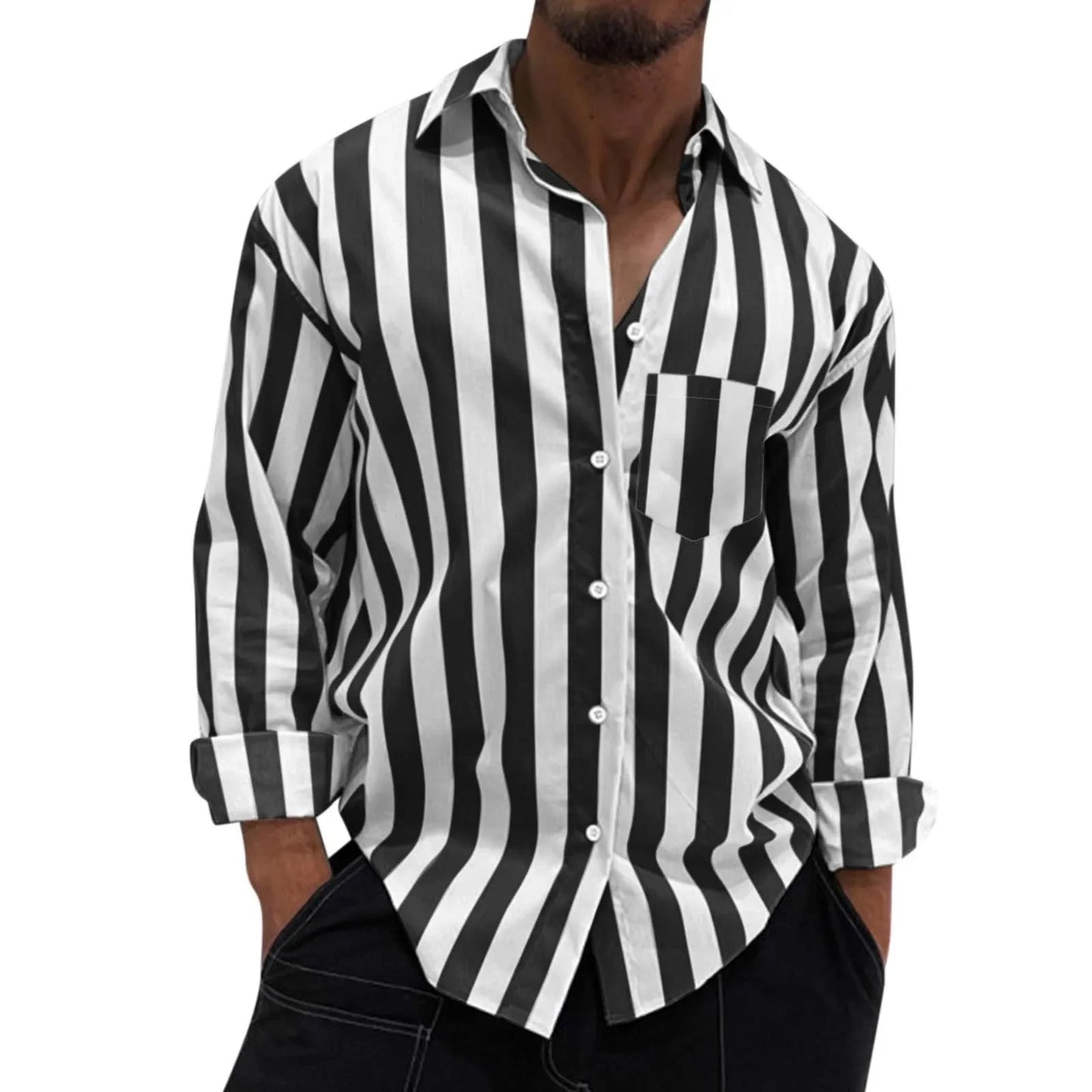 Men's Striped Button-Down Long Sleeve Shirt – Stretch Polyester Casual Top