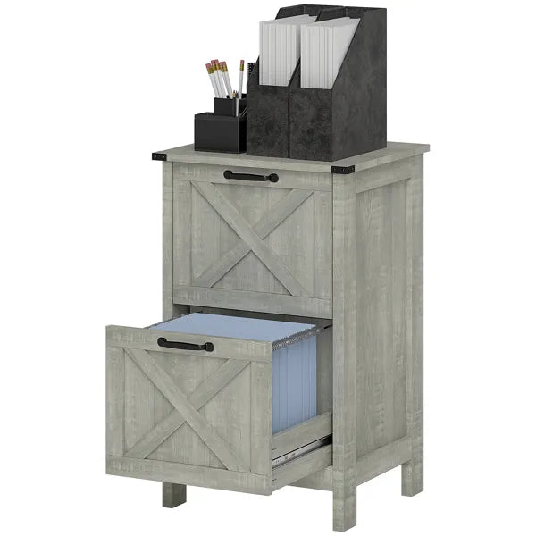 2-Drawer File Cabinet with Barn Door Design – Distressed Light Gray | Home Office Printer Stand