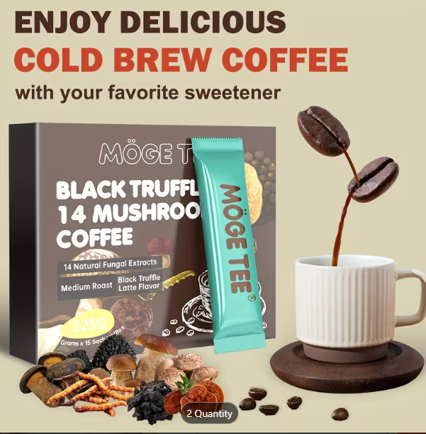 MOGE TEE 14-in-1 Mushroom Coffee – Black Truffle Latte | Instant Cold Brew Arabica | 15 Sachets