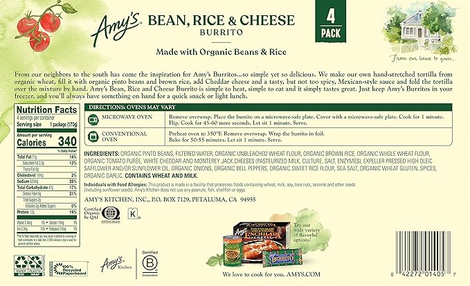 Amy's Organic Bean, Cheese & Rice Burrito, Frozen, 6 oz (Pack of 4)