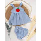 Girls Back to School Outfit Set - Ruffle Sleeve Apple Top & Shorts 2-Piece