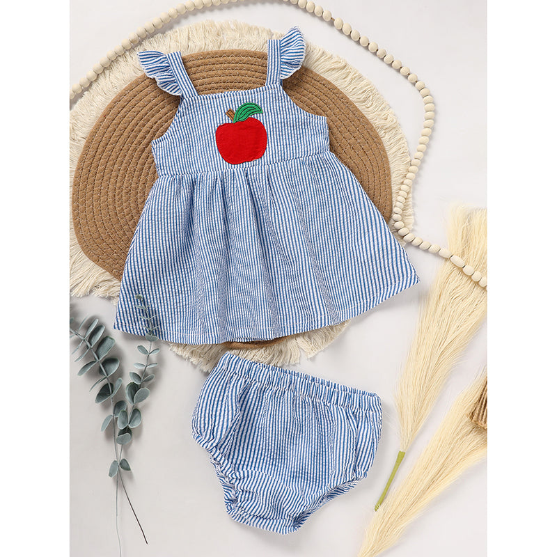 Girls Back to School Outfit Set - Ruffle Sleeve Apple Top & Shorts 2-Piece