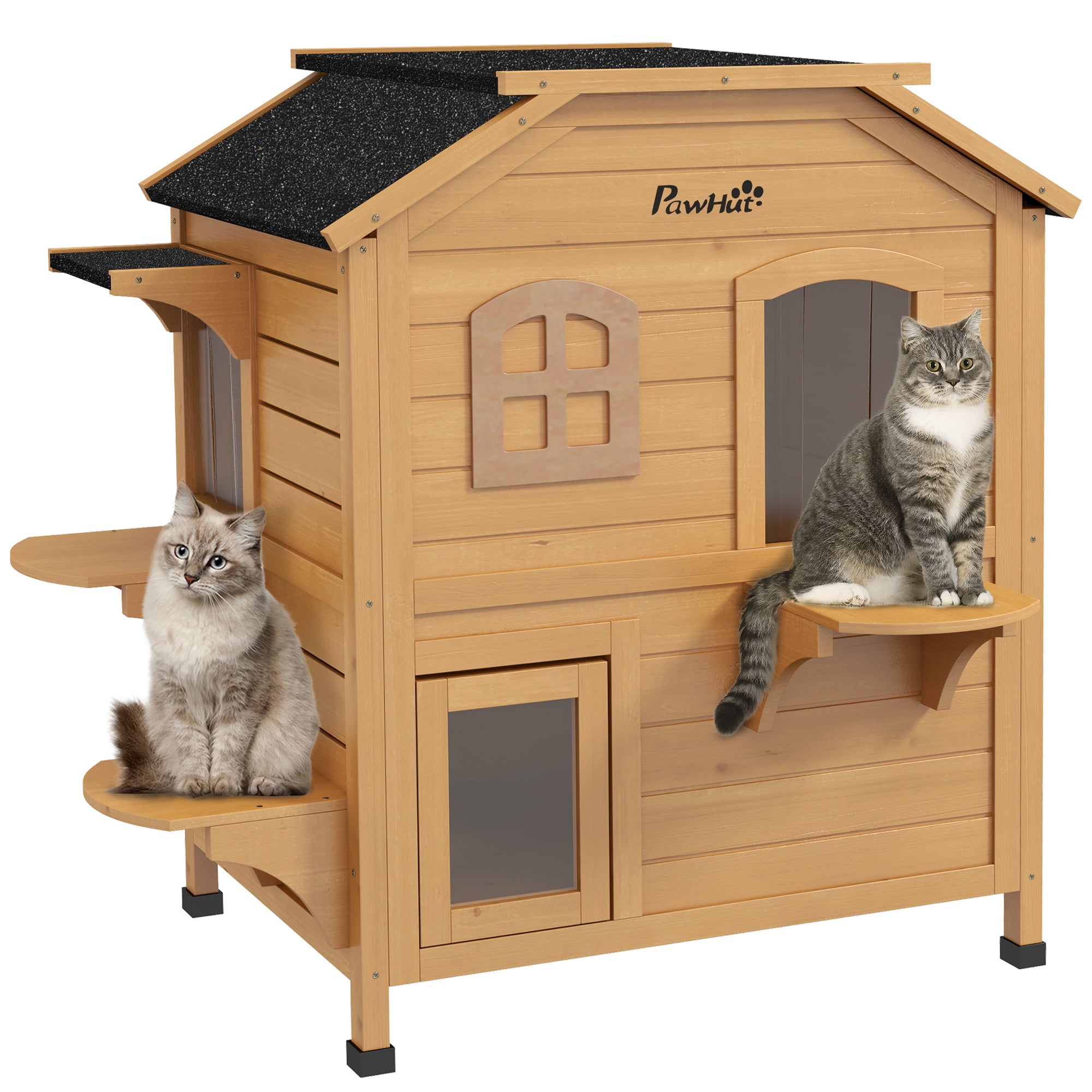 Outdoor Cat House - 2-Story Weatherproof Wooden Shelter with Escape Door & Asphalt Roof