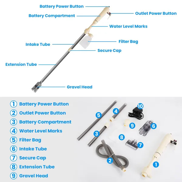 Electric Aquarium Gravel Cleaner – Automatic Fish Tank Vacuum with Adjustable Length