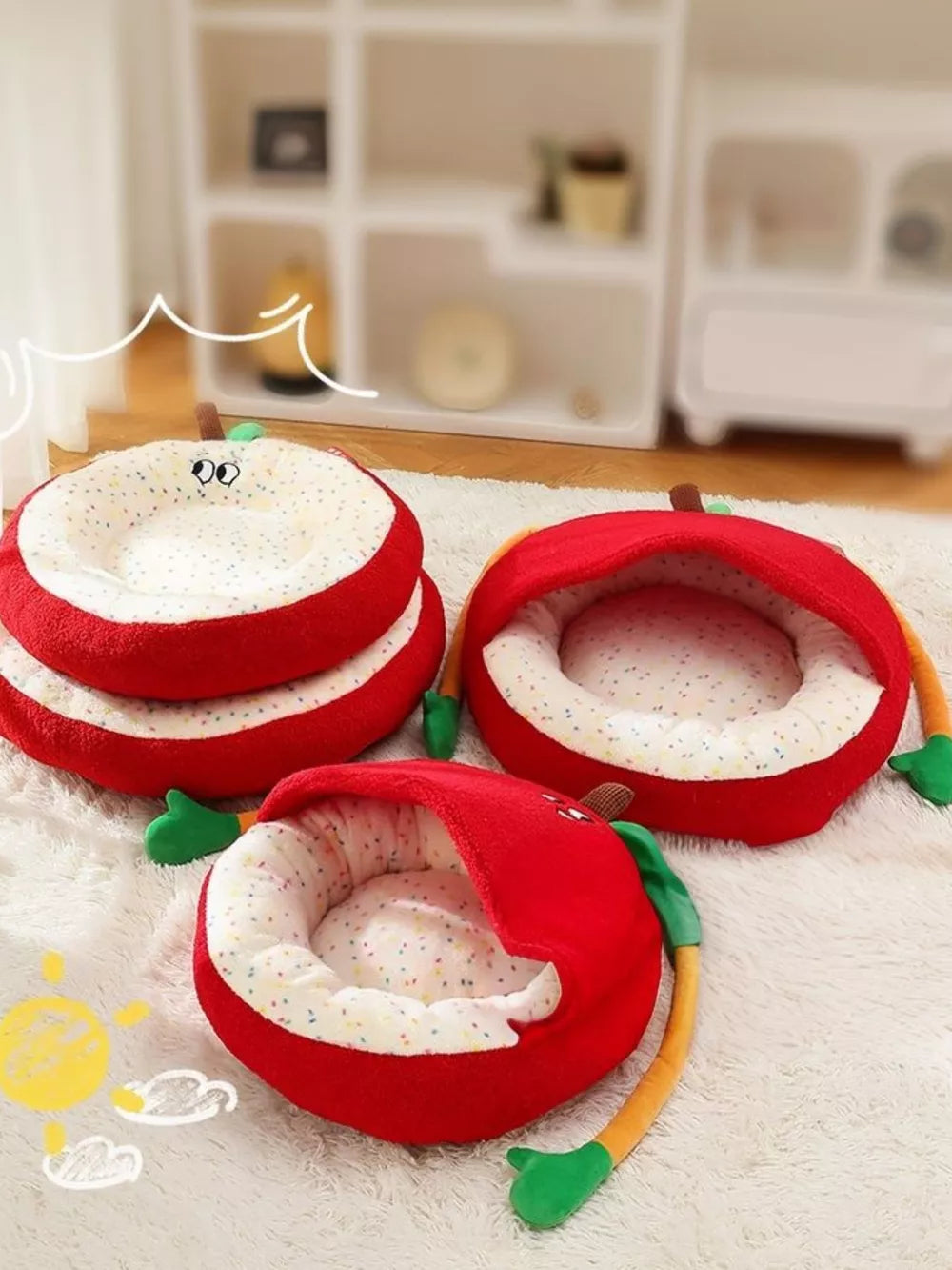Apple Shape Pet Nest – Plush Cat & Small Dog Bed with Cozy Wraparound Arms