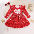 Toddler Girl's LOVE Embroidered Valentine Dress | Heart Print Long Sleeve A-Line with Ruffle Hem