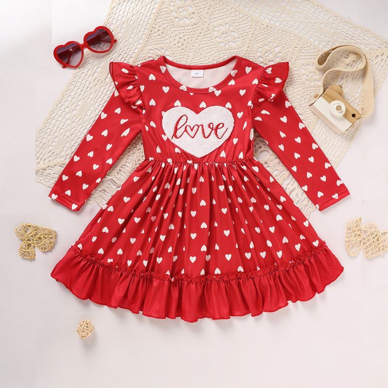 Toddler Girl's LOVE Embroidered Valentine Dress | Heart Print Long Sleeve A-Line with Ruffle Hem