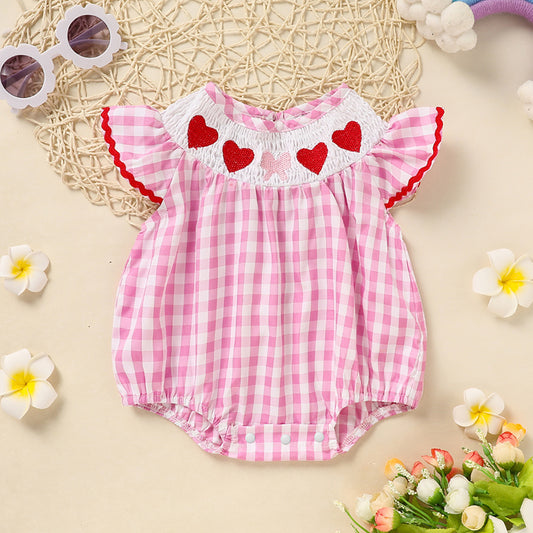 Baby Girl Valentine's Day Romper - Smocked Plaid Heart Jumpsuit with Ruffle Sleeves (0-18M)