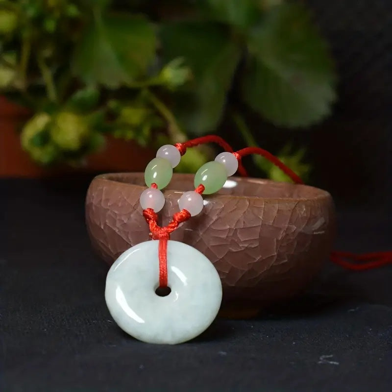 Natural Jadeite Peace Donut Pendant Necklace | Healing Crystal Stone & Adjustable Braided Cord