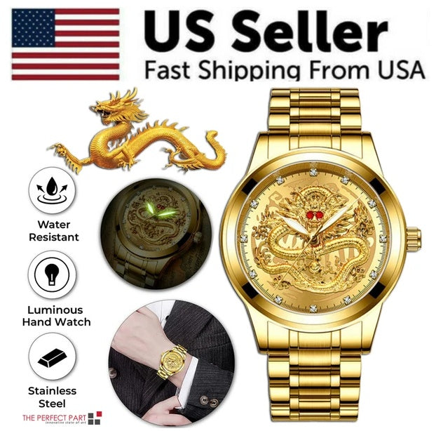 Men's Gold Stainless Steel Quartz Watch | Classic Dress Watch with Luminous Hands