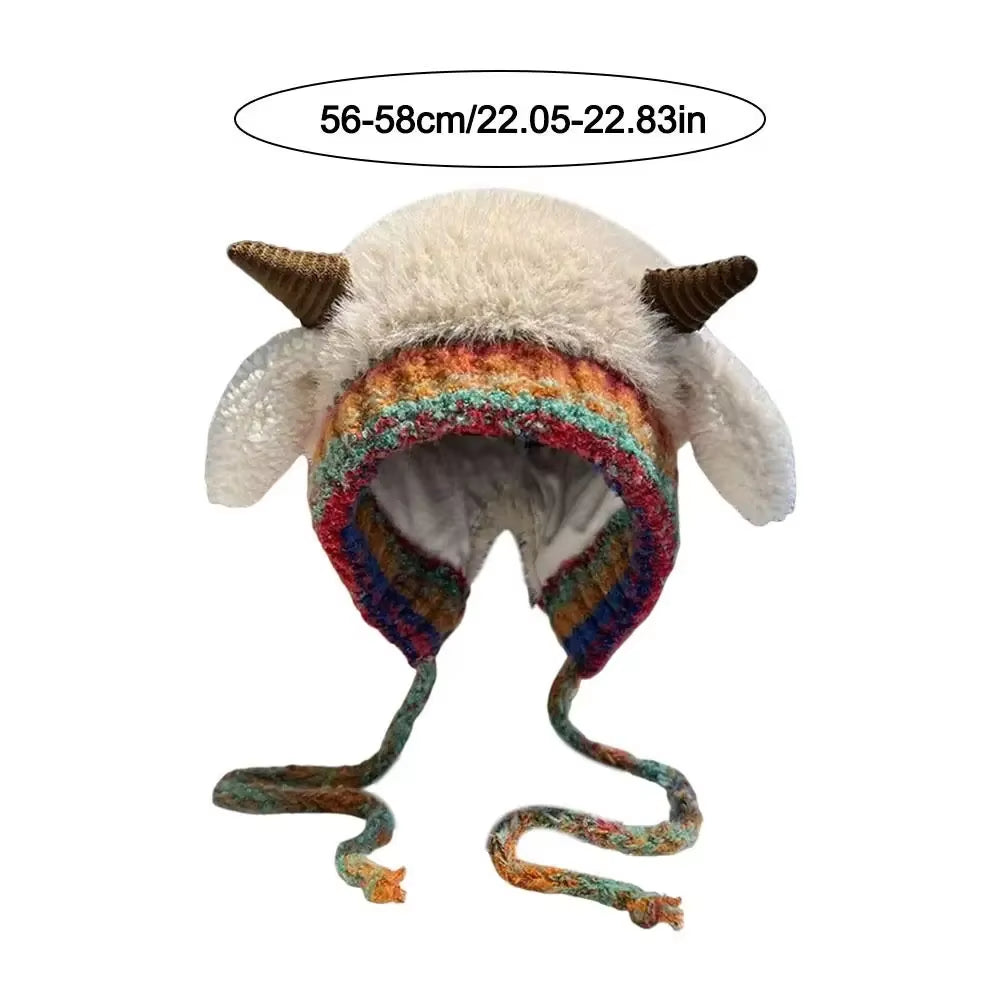Cute Thick Plush Knitted Hat Girls Winter Warm Ear Protection Beanies Hat Women Comfortable Horn Pullover Hats