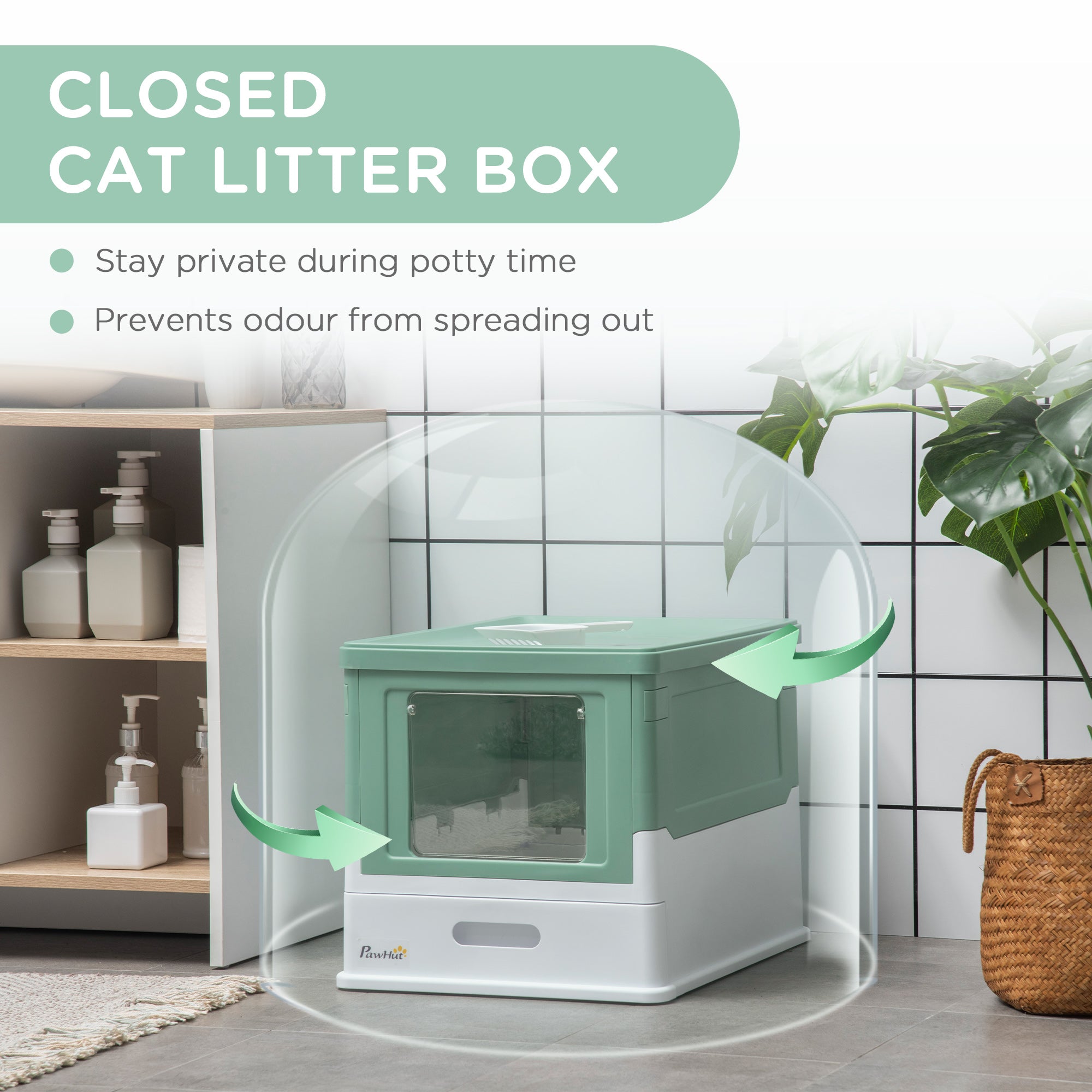 PawHut Enclosed Cat Litter Box - Odor Control, Top Entry, Pull-Out Drawer - Green