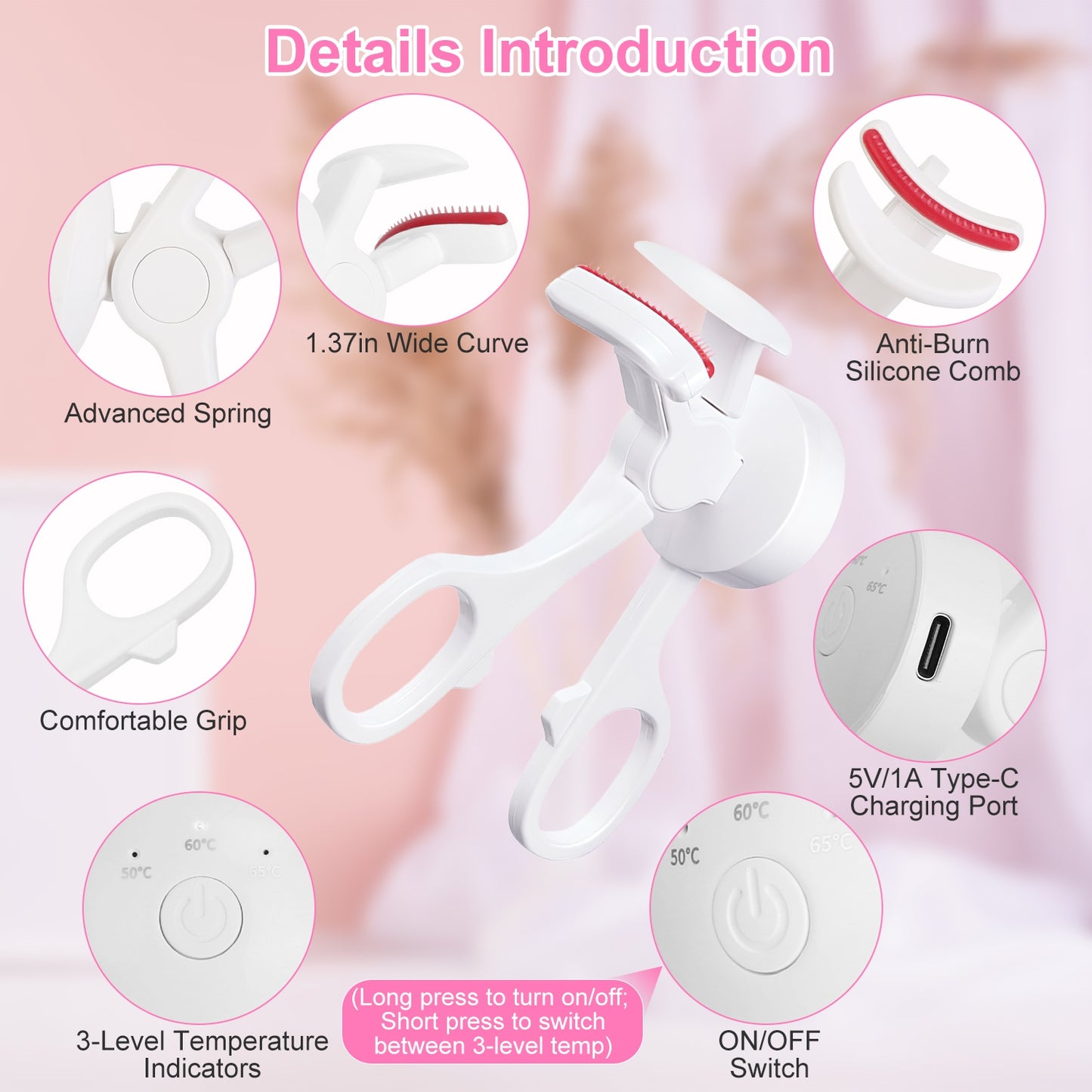 Heated Eyelash Curler - USB Rechargeable Electric Lash Curler with 3 Heat Settings