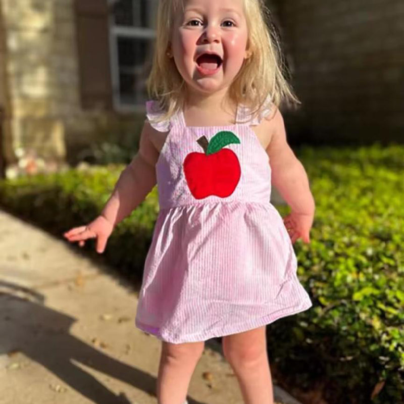 Girls Back to School Outfit Set - Ruffle Sleeve Apple Top & Shorts 2-Piece