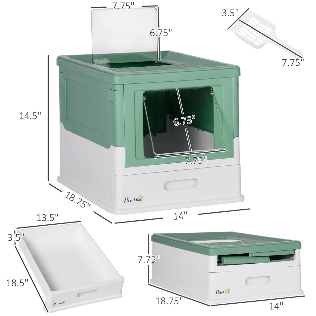 PawHut Enclosed Cat Litter Box - Odor Control, Top Entry, Pull-Out Drawer - Green