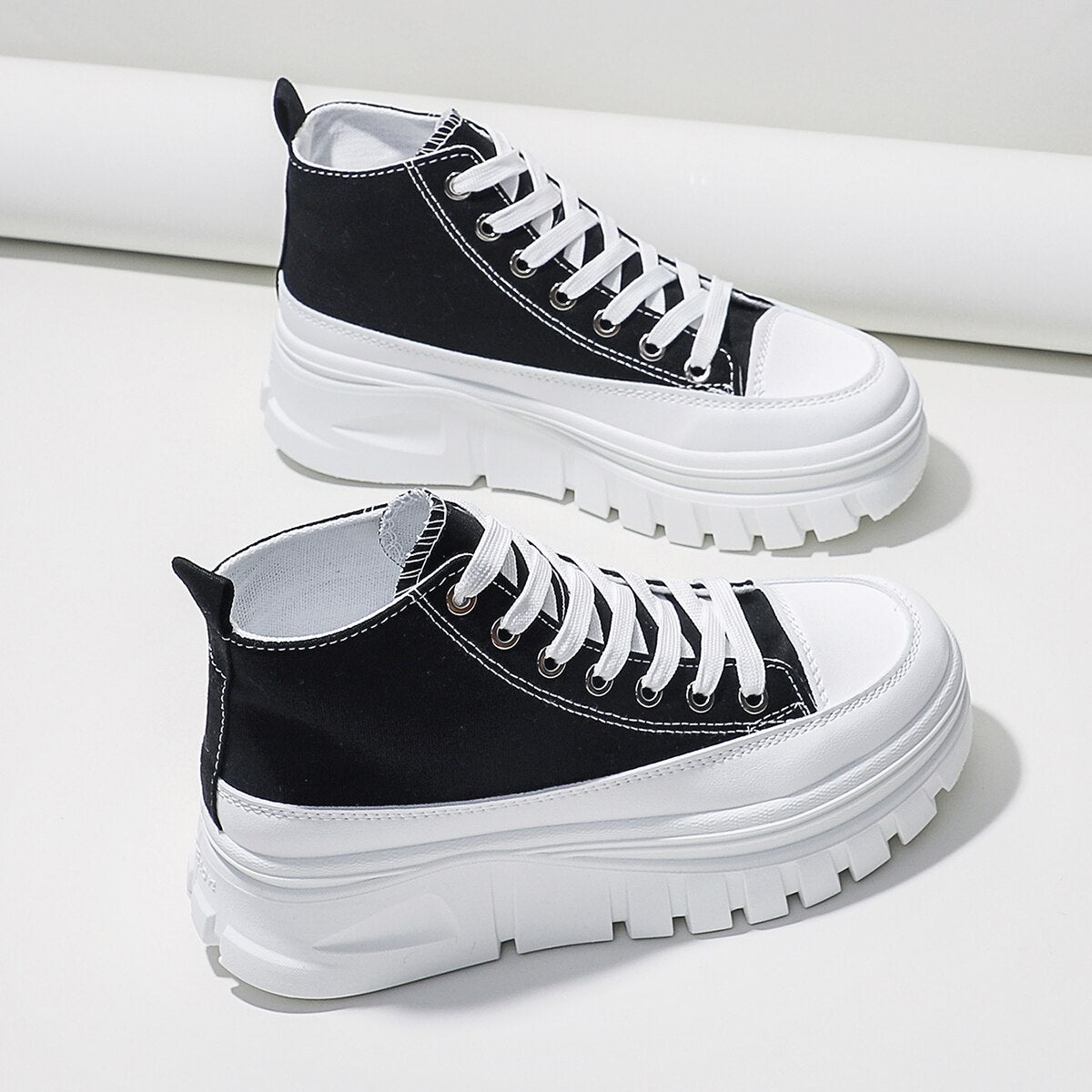 Women's High-Top Flatform Canvas Sneakers | Lace-Up T-Strap Shoes in Black