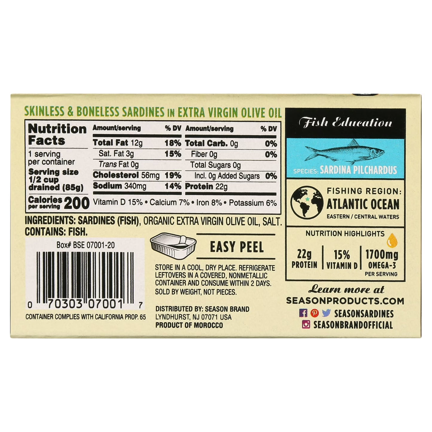 Season Brand Sardines Skinless & Boneless in Extra Virgin Olive Oil 4.375oz