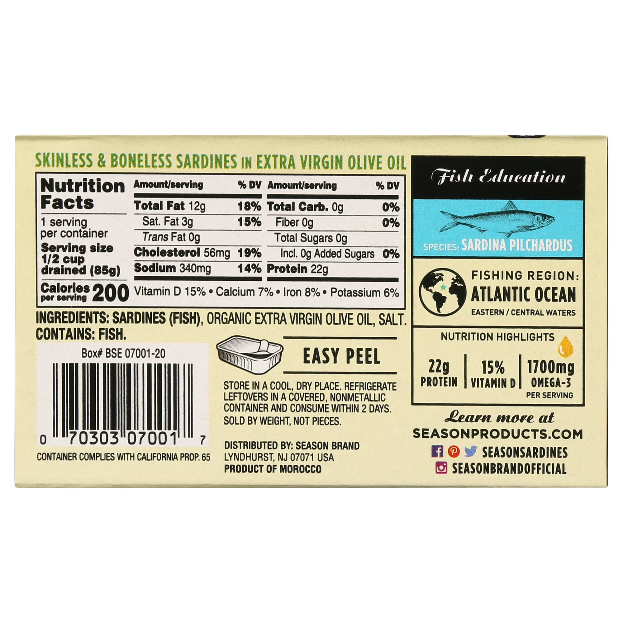 Season Brand Sardines Skinless & Boneless in Extra Virgin Olive Oil 4.375oz