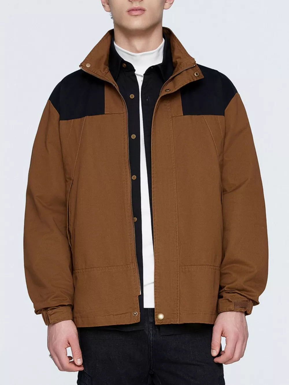 Men's Plus Size Two-Tone Windproof Jacket – 100% Polyester, Color-Block & Pocketed