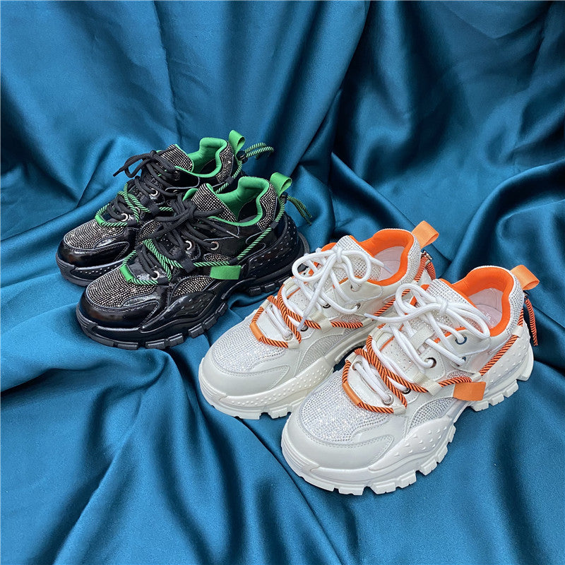 Women's Rhinestone Platform Dad Sneakers | Leather Cross-Strap Chunky Shoes – 2 Colors