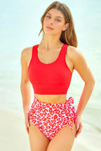 Two-Tone Tied Two-Piece Swimsuit – High Waist Floral & Leopard Bikini Set